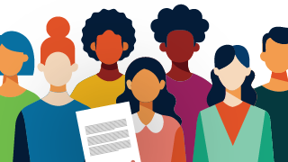 Group of diverse illustrated figures holding a document with text lines, symbolizing guidance.