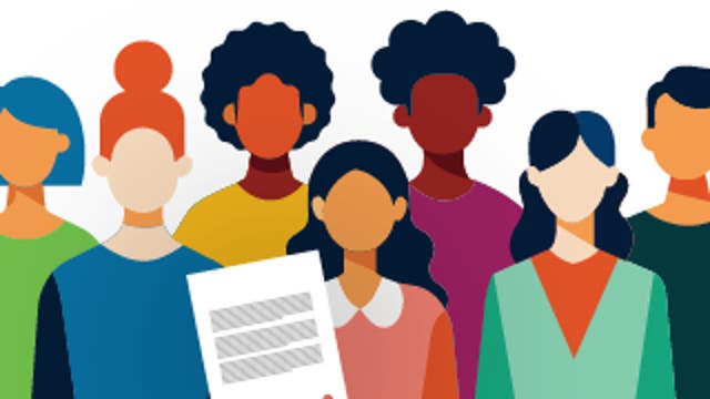 Group of diverse illustrated figures holding a document with text lines, symbolizing guidance.