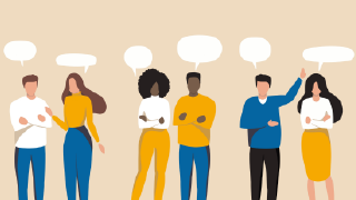 Group of people standing with speech bubbles above their heads, representing discussion or community.
