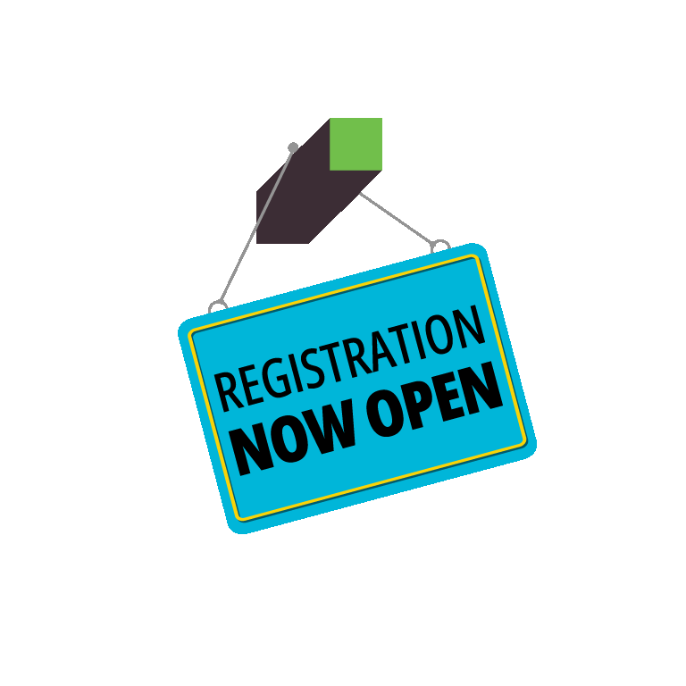 Swinging sign that reads "Registration Now Open"