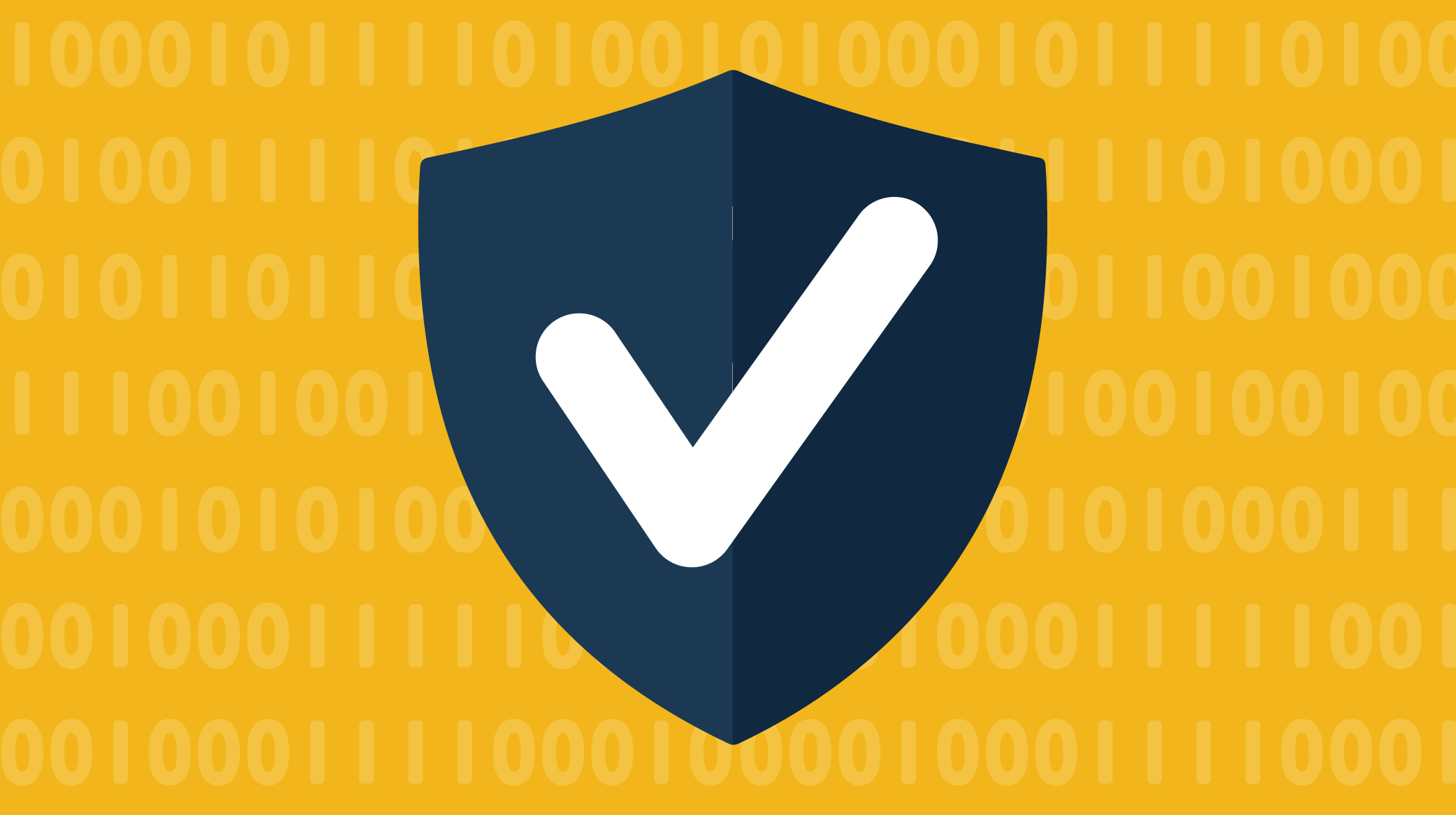 Dark blue shield with a white checkmark in the center, set against a yellow background with binary code, symbolizing cybersecurity and data protection.