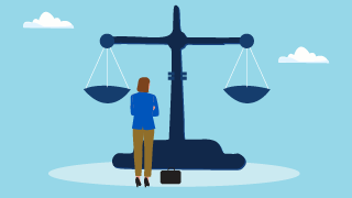 Person standing in front of a large balance scale, representing fairness and ethics.