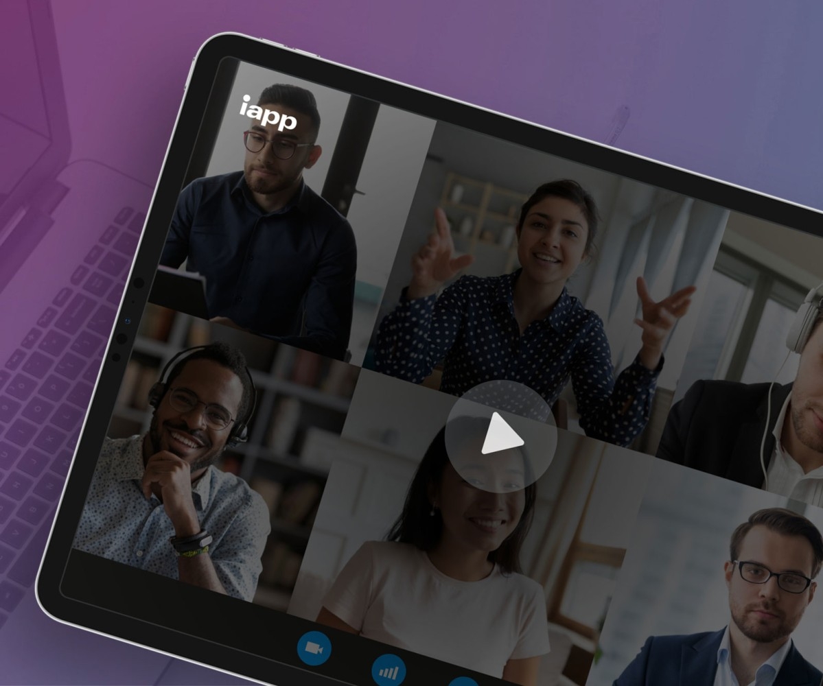 Photo illustration of an IAPP web conference; web conference attendees are pictured on a laptop screen.