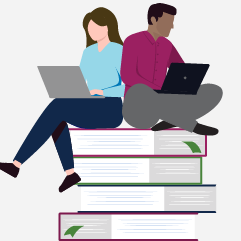 Illustration of 2 people using laptops while sitting on a stack of books