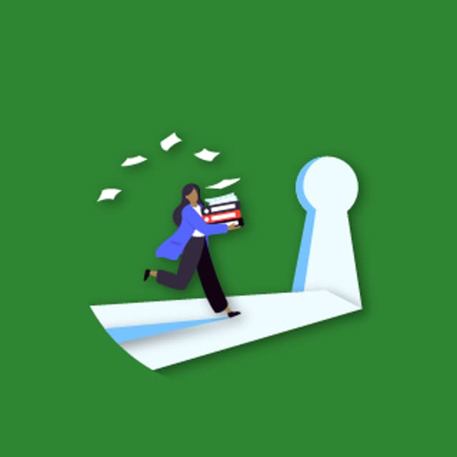 Image of a woman running towards a keyhole