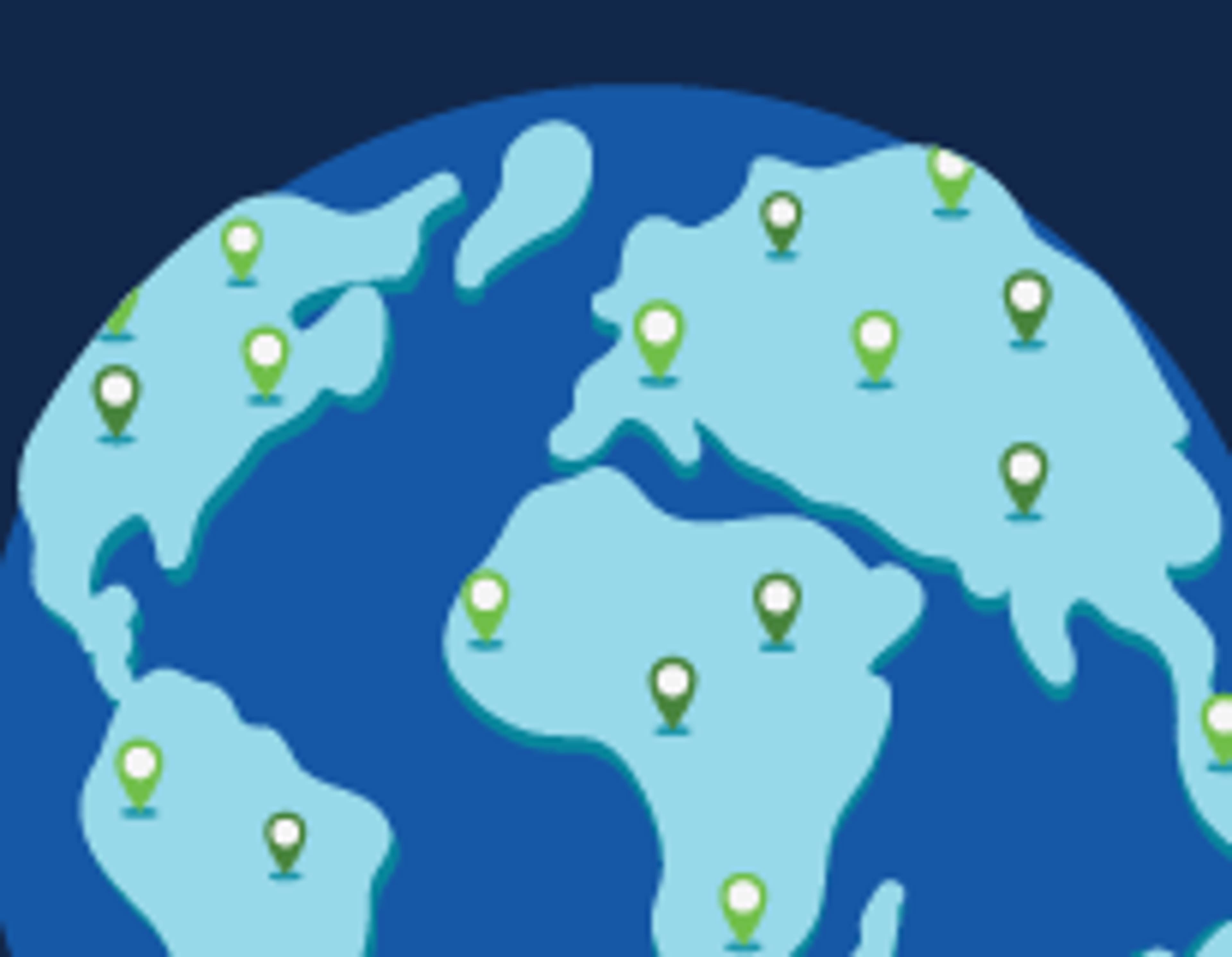 Illustration of a global map with pinpoints in various countries