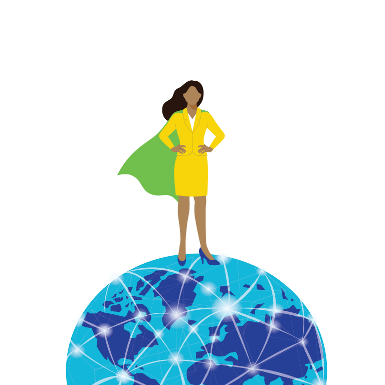 Image of a woman standing on top of the world with a cape on blowing in the wind.
