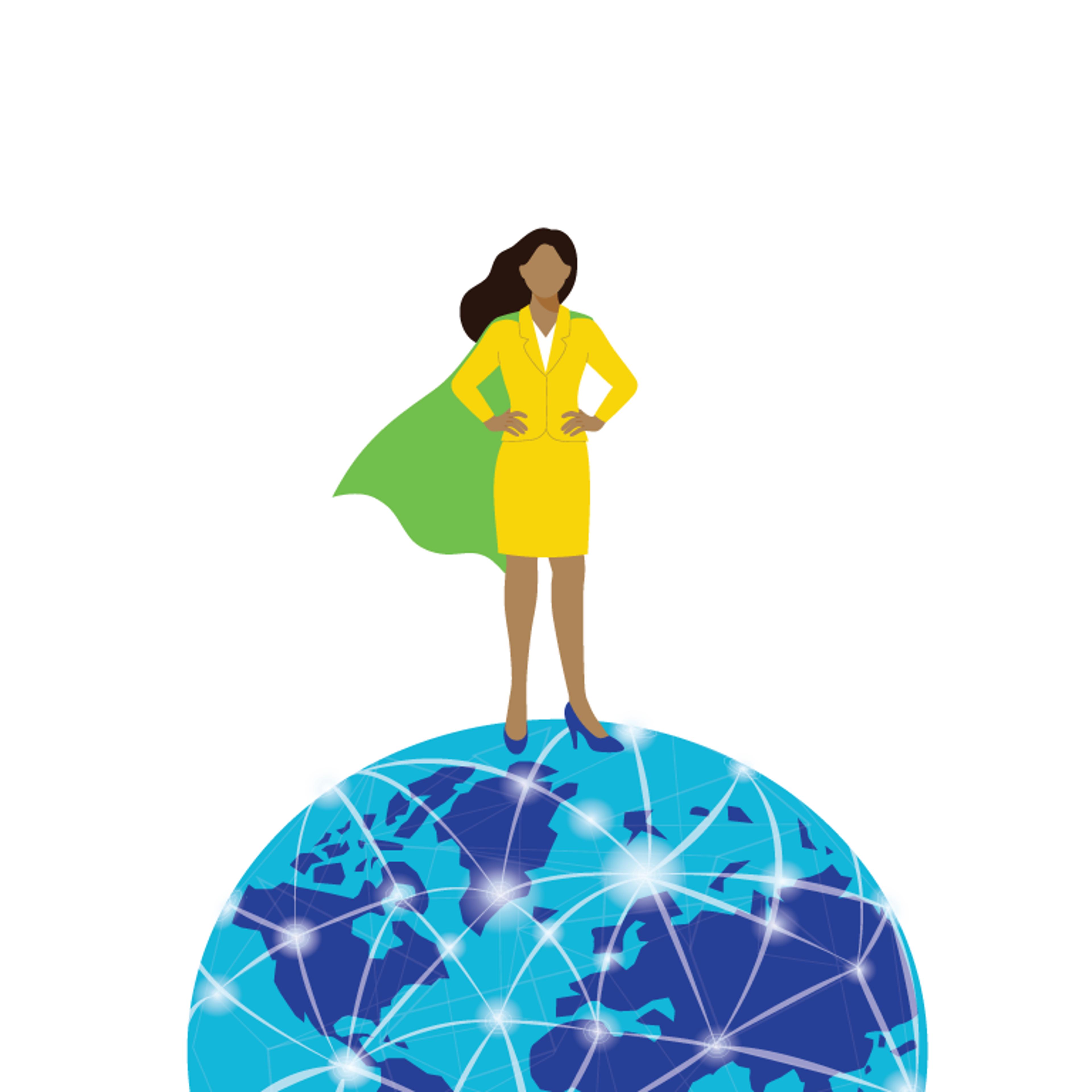 Image of a woman standing on top of the world with a cape on blowing in the wind.
