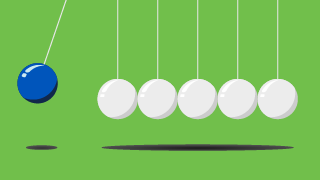 Newton's cradle with one blue ball and five white balls on a green background, symbolizing cause and effect.