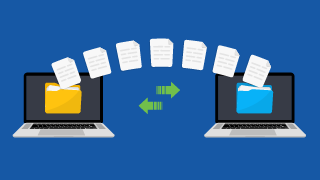Two laptops exchanging files, shown by documents moving between yellow and blue folders with green arrows.