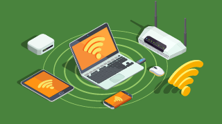 Laptop, tablet, smartphone, and router with orange Wi-Fi symbols, representing connected devices.