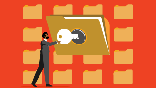 Person holding a large key to unlock a folder among rows of folders on an orange background.
