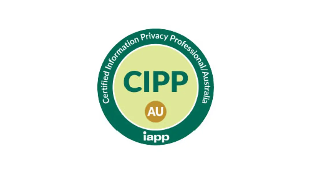 A green circular IAPP certification badge reading Certified Information Privacy Professional/Australia with the acronym CIPP/AU in the center sits against a white background.