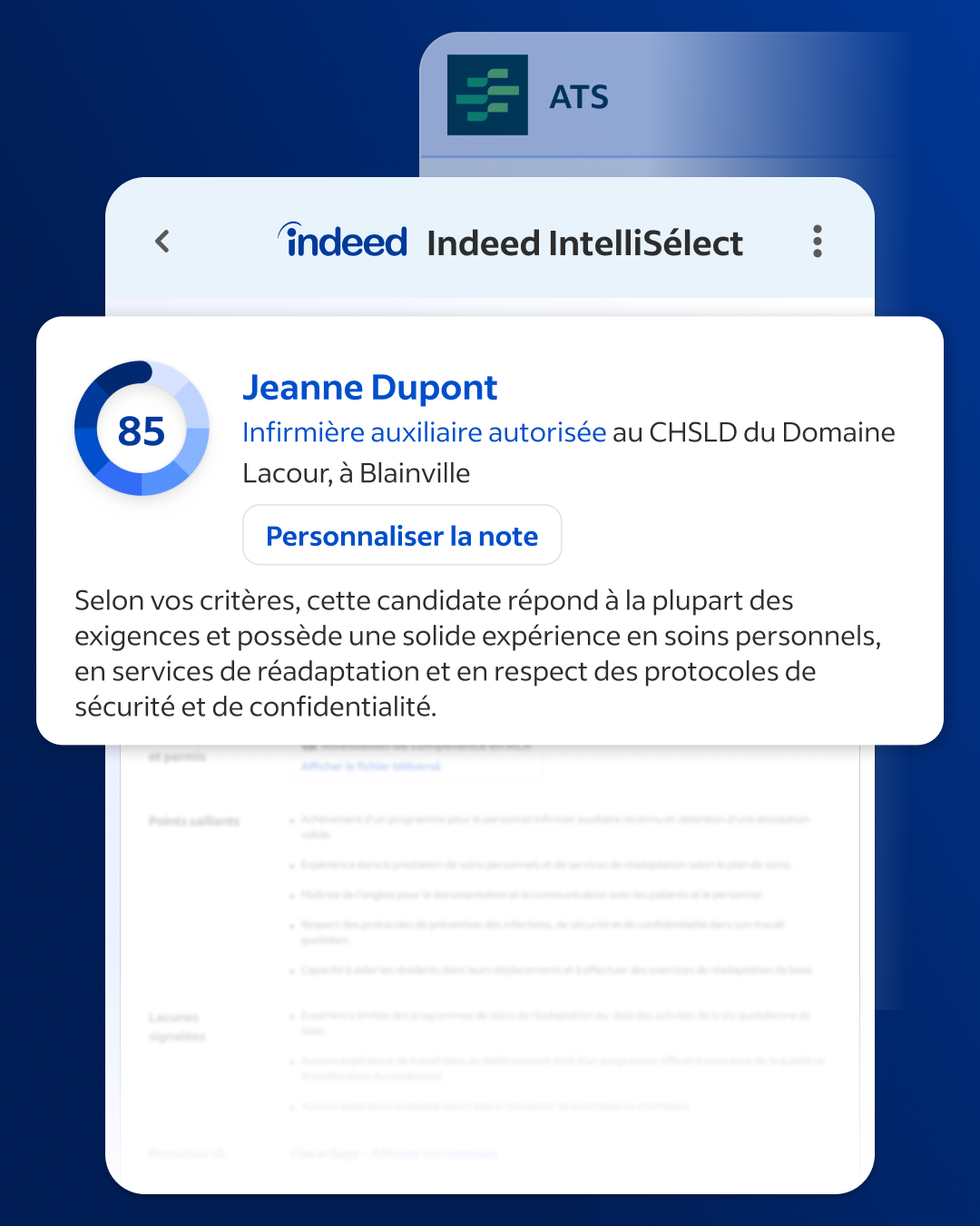 La page « Profil du candidat » affiche la note Smart Fit Score d'un candidat.