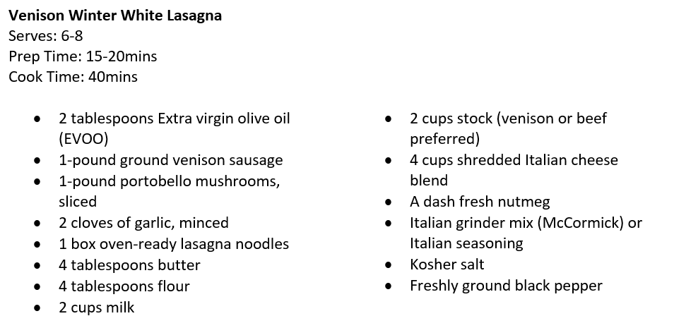 Image relating to Venison Winter White Lasagna