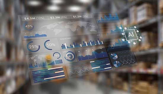 ai in suppy chain_sep2026_hero.jpg A dashboard with charts, graphs and other data, generated through AI, with a blurred warehouse in the background