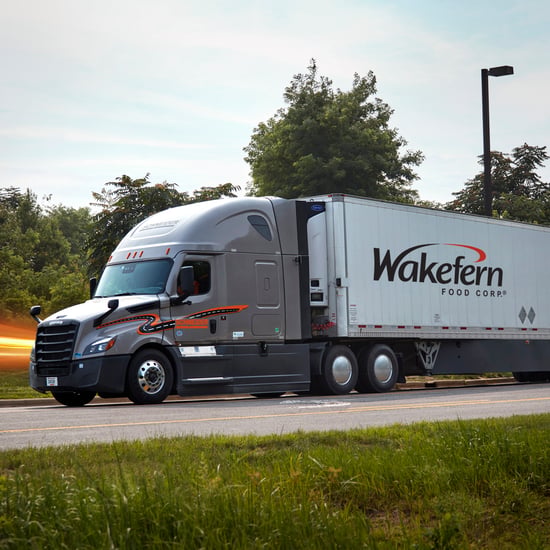 A large semi-truck on the road, with trees lining the highway under a clear sky