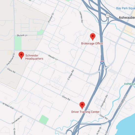 a map showing where Schneider's transportation and logistics headquarters is located in Green Bay, Wisconsin