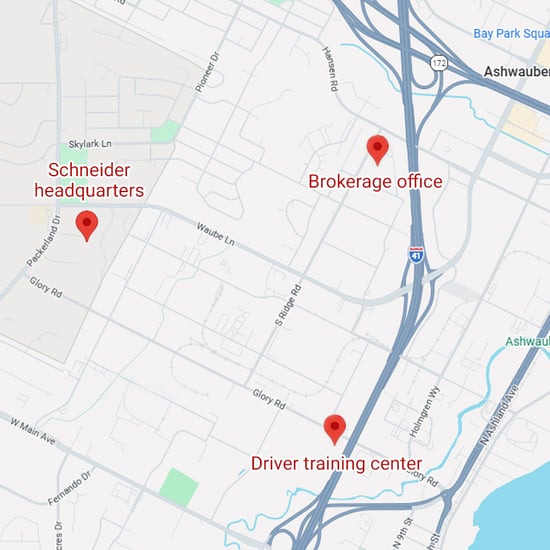 a map showing where Schneider's transportation and logistics headquarters is located in Green Bay, Wisconsin