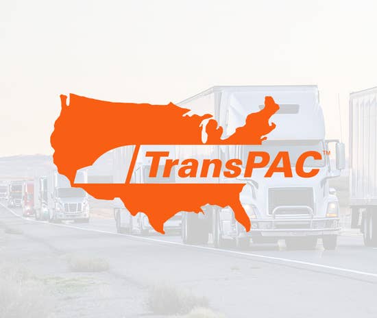 Schneider TransPAC logo on top of a photo of several semi-trucks driving down a highway
