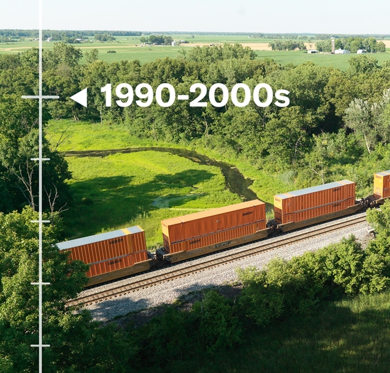 Intermodal trailers stacked on railroad track