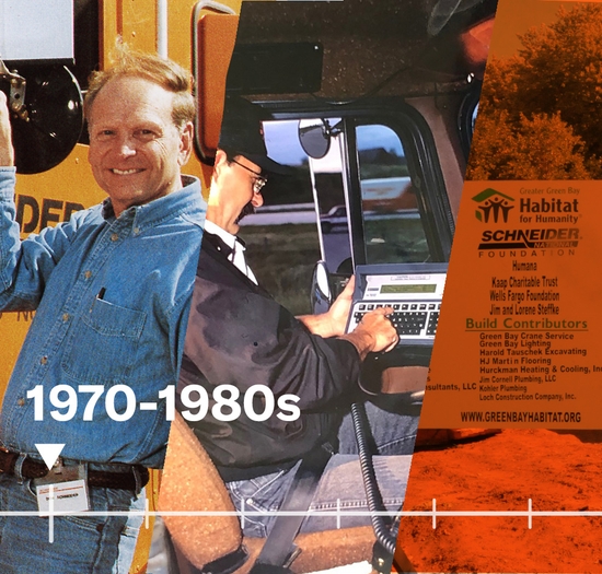 Collage of photos including Don Schneider and an early communication system