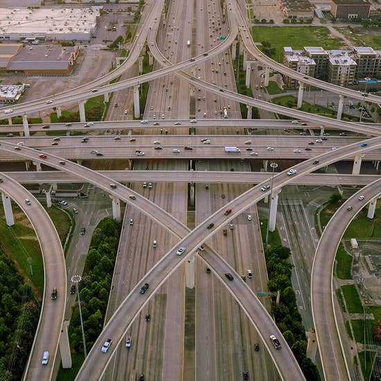 Aerial view of a large, multi-level highway interchange
