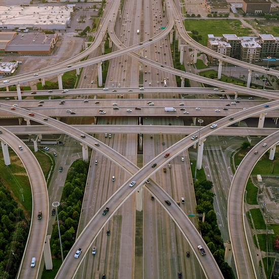 Aerial view of a large, multi-level highway interchange