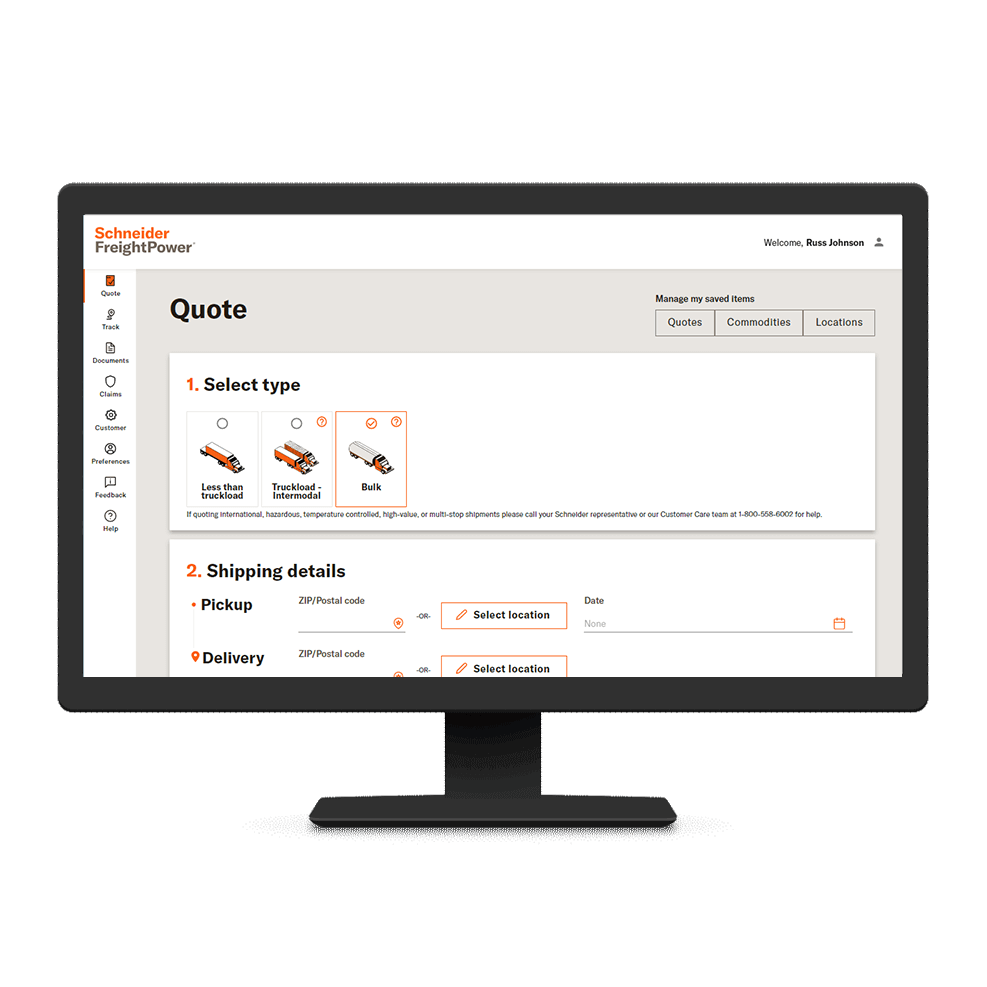 computer screen showing the FreightPower shipper tool for Truckload, LTL and Intermodal freight.