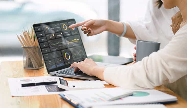 two people at a workstation analyzing graphs on a laptop screen