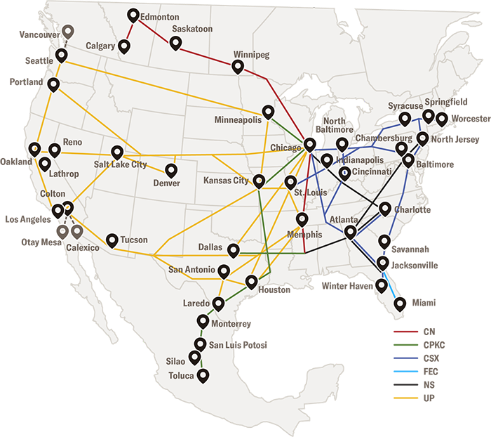 Schneider Intermodal CPKC service map Mexico to US