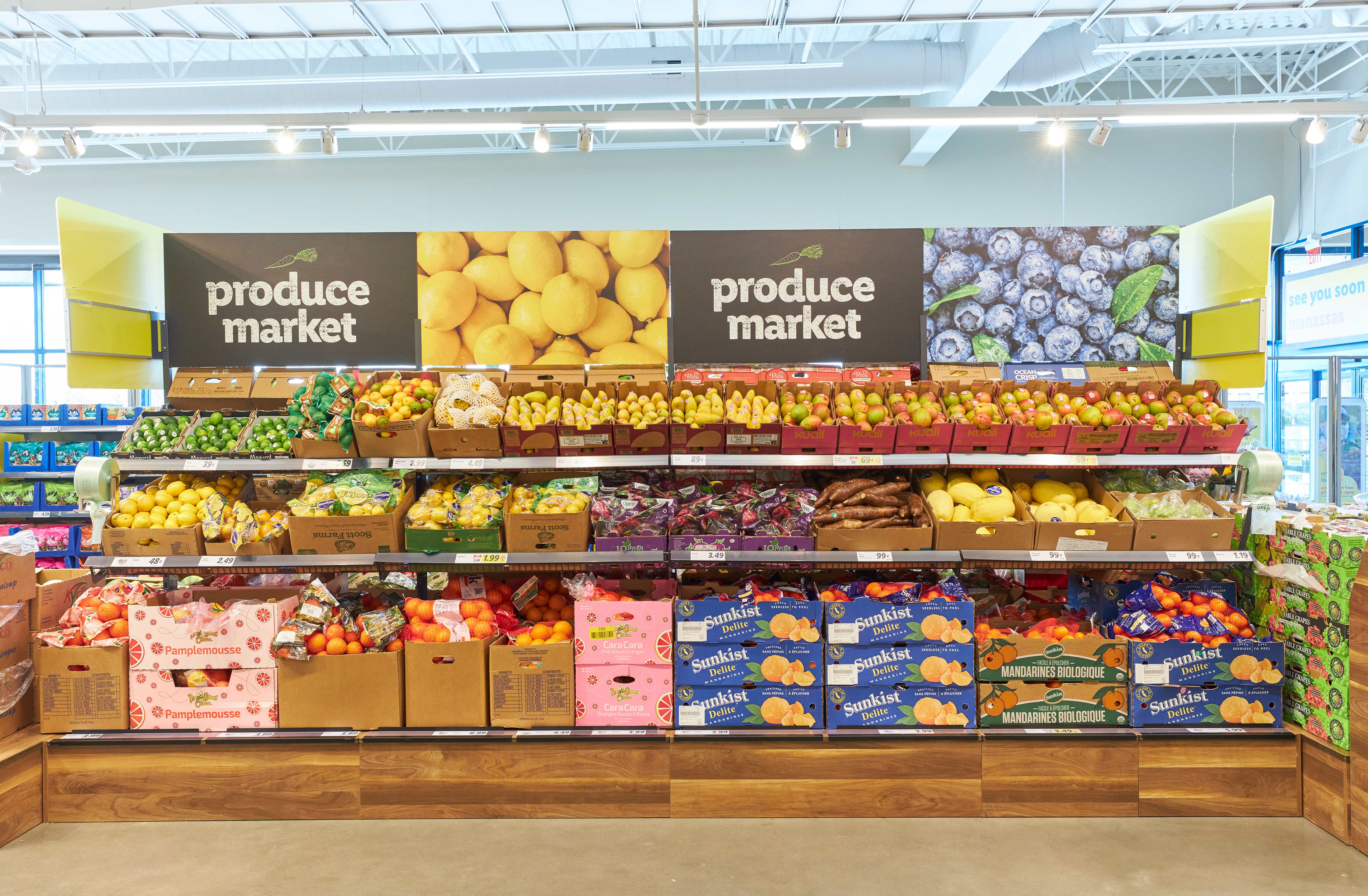 Grocery store display with a variety of produce