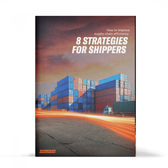 Schneider's guide '8 strategies on how to improve supply chain efficiency', with a cover photo featuring stacked shipping containers at sunset