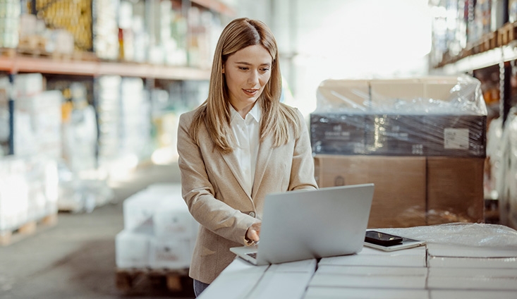 woman using a laptop in a warehouse with boxes and pallets in the background