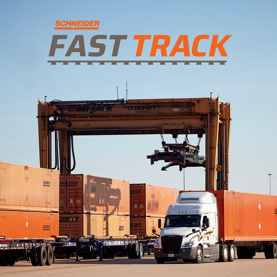 Schneider truck hauling a container in an Intermodal yard with Schneider Fast Track logo overlay