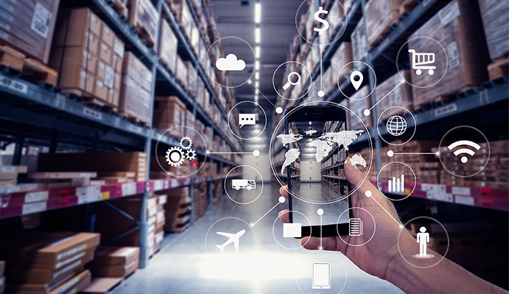 Smart phone capturing a photo in a warehouse with multiple icons overlayed