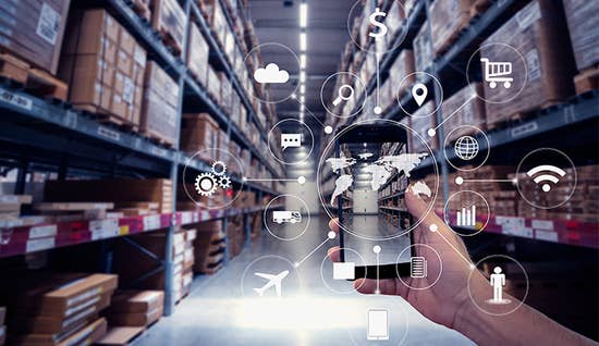 Smart phone capturing a photo in a warehouse with multiple icons overlayed