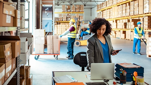 An LTL shipping expert using a computer in a warehouse