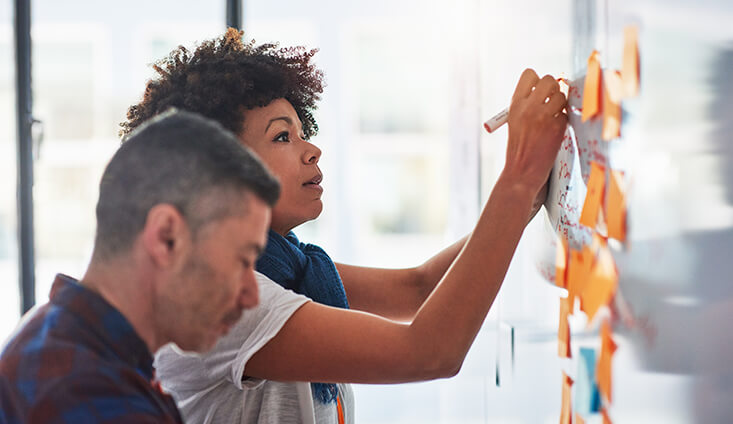 two people creating a strategy on a whiteboard