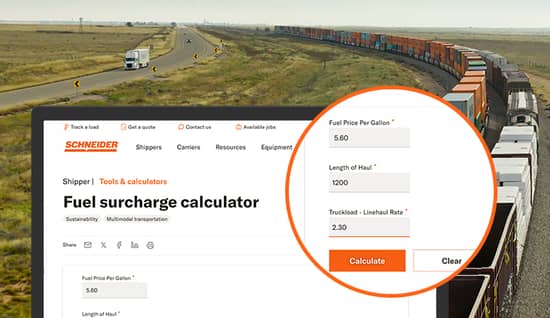 fuel surcharge calculator_hero.jpg A computer screen displaying Schneider's Fuel Surcharge Calculator with the image of a container train in the background