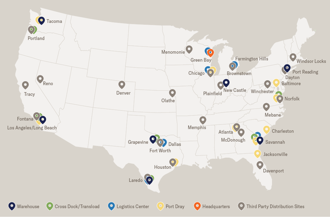 Logistics map displaying port, logistics and warehouse locations for Schneider