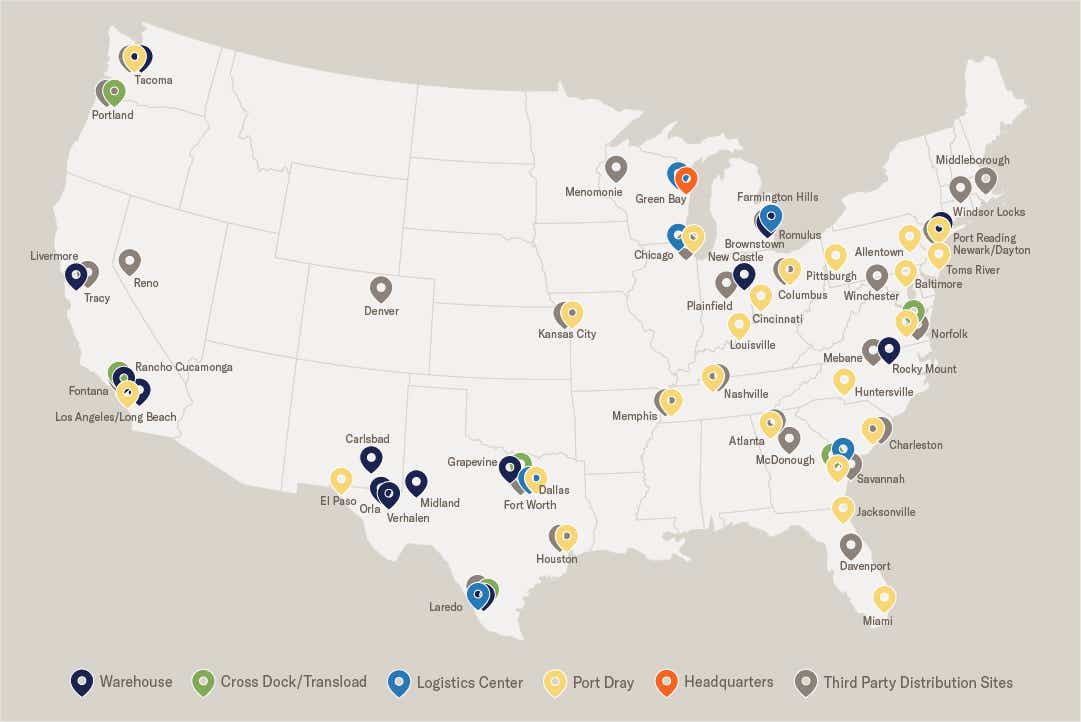 Logistics map displaying port, logistics and warehouse locations for Schneider