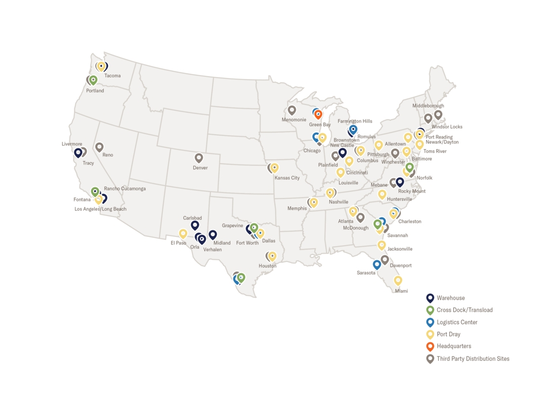 Logistics map displaying port, logistics and warehouse locations for Schneider