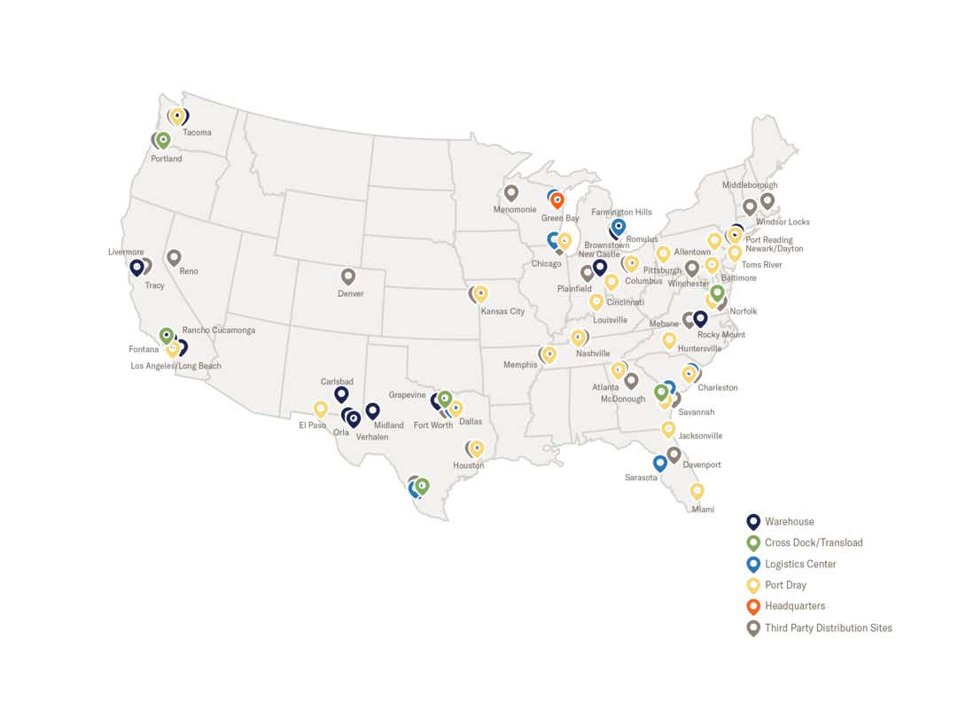 Logistics map displaying port, logistics and warehouse locations for Schneider