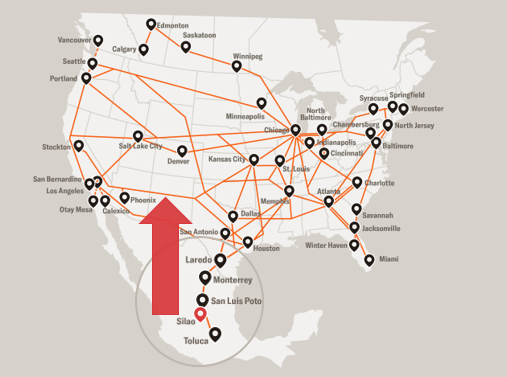 Map of Schneider intermodal ramp network northbound freight to U.S. from Silao, Mexico