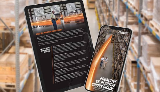 Schneider's guide to proactive supply chain management visible on a tablet and phone with a warehouse in the background