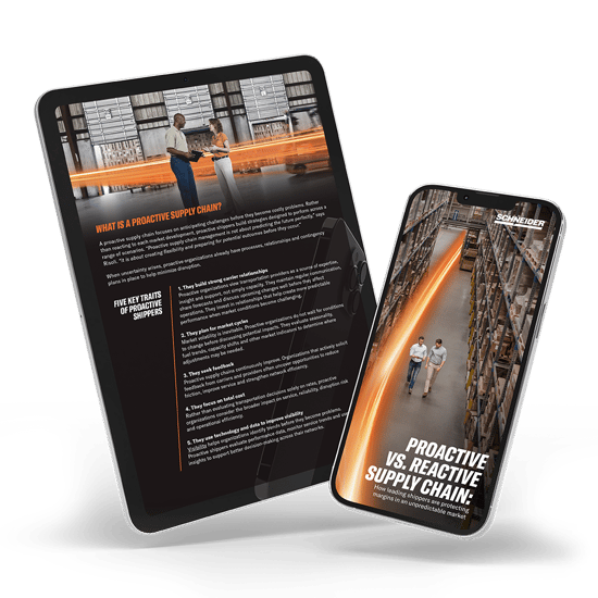 Schneider's guide to proactive supply chains visible on a tablet and phone screen