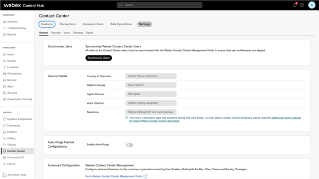 Contact Center Settings on Admin Portal