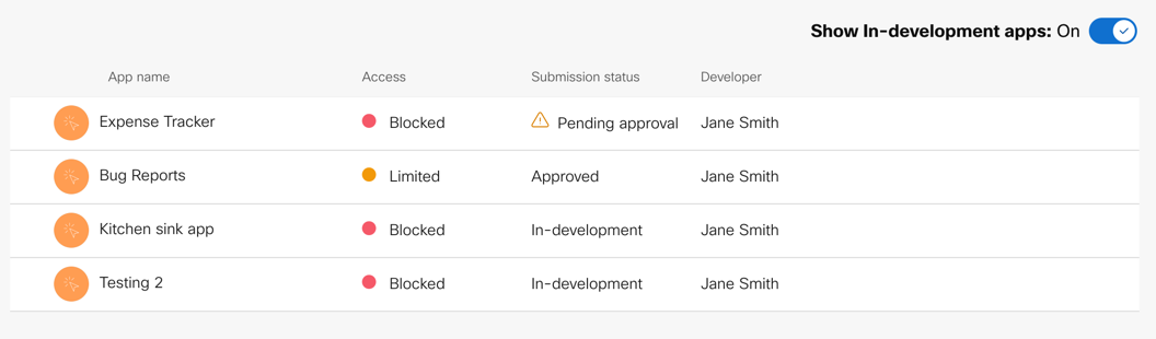 Option to list in-development apps