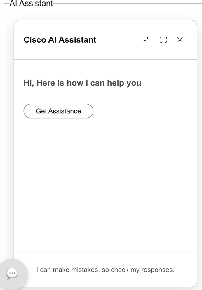 Cisco AI Assistant panel for an active voice interaction with the Get Assistance button ready to select.